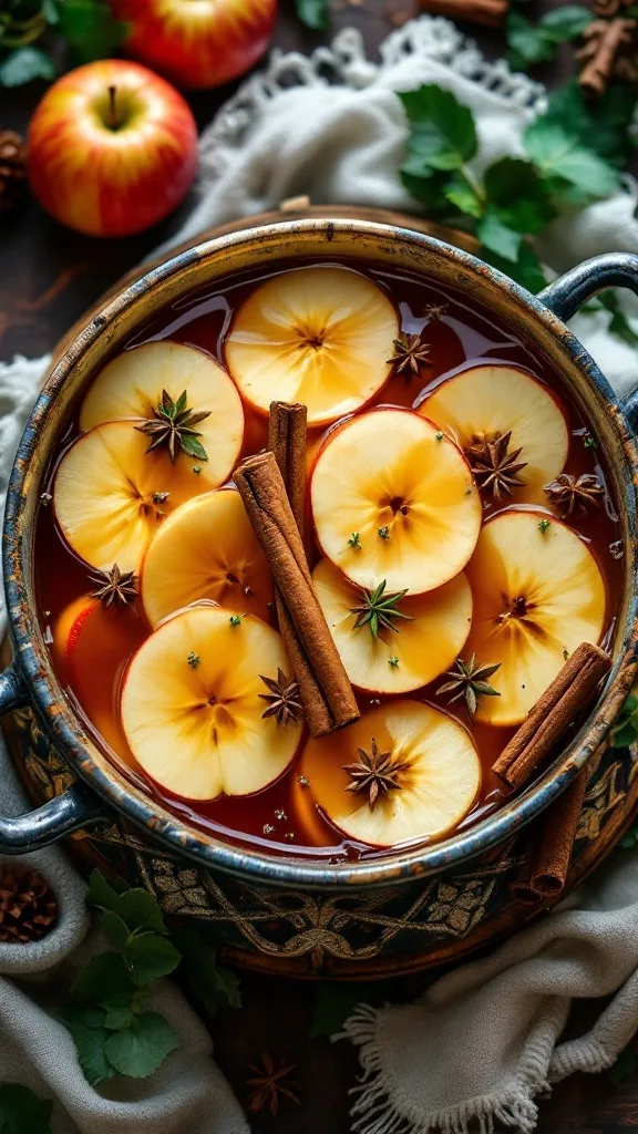 A bowl of Celtic Cider Punch with apple slices, cinnamon sticks, and spices, surrounded by apples and herbs.