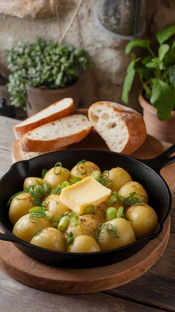 A serving of colcannon potatoes topped with butter, served in a cast iron skillet.