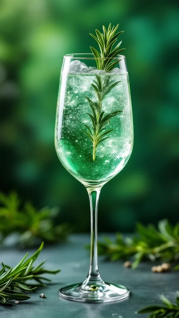 A refreshing green drink with a sprig of rosemary in a glass, set against a blurred green background.