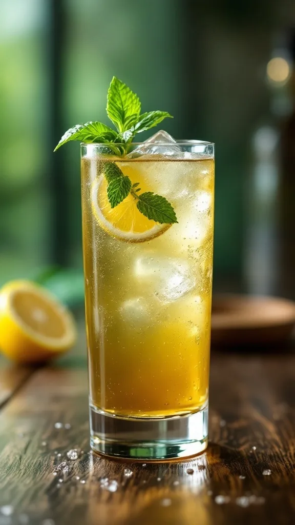 A refreshing Green Tea Irish Whiskey Highball cocktail garnished with mint and lemon