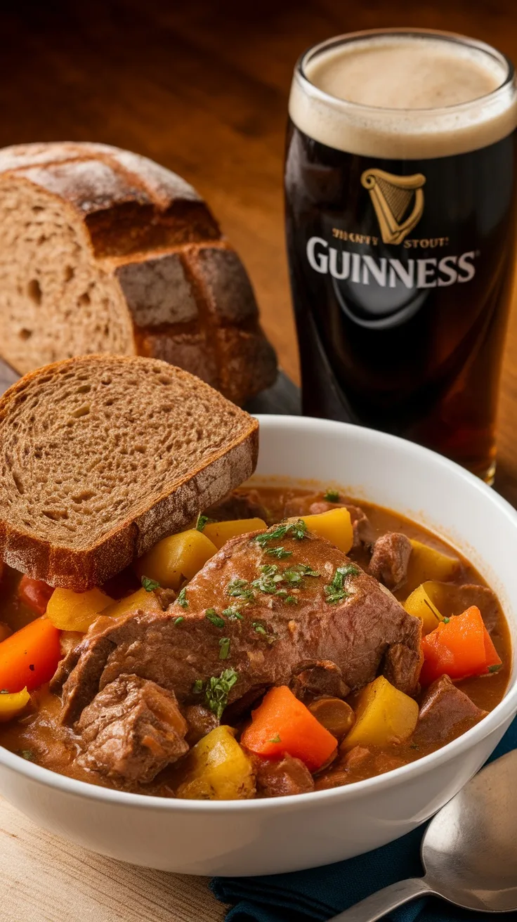 A hearty bowl of Irish Beef and Guinness Stew served with bread and a pint of Guinness
