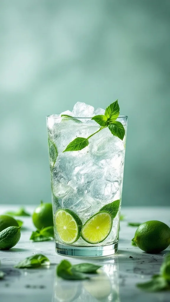 A refreshing Lime & Basil Gin Smash cocktail in a glass, garnished with basil leaves and lime slices.