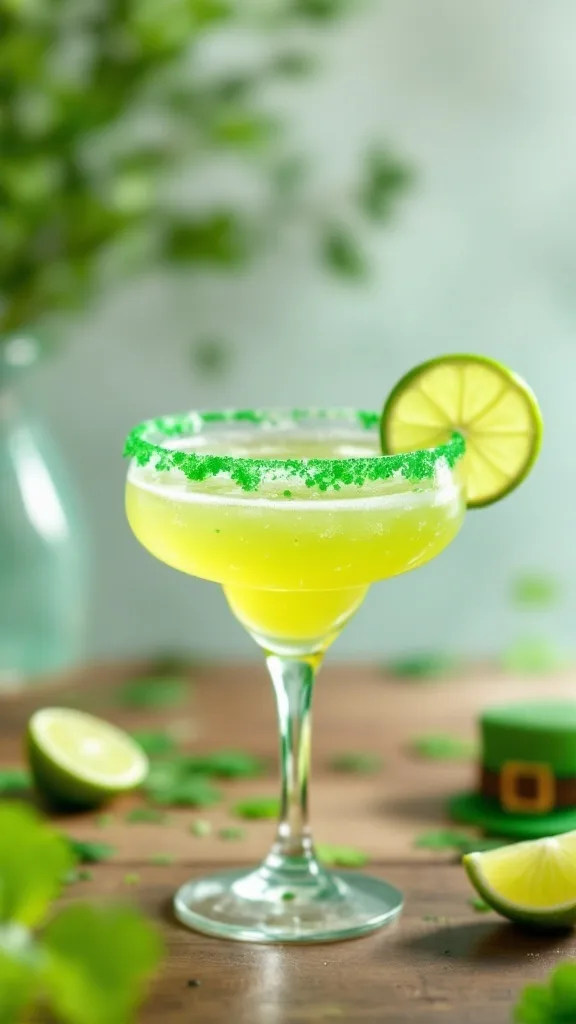 A vibrant green margarita with a lime slice and green sugar rim, surrounded by lime halves and shamrock decorations.
