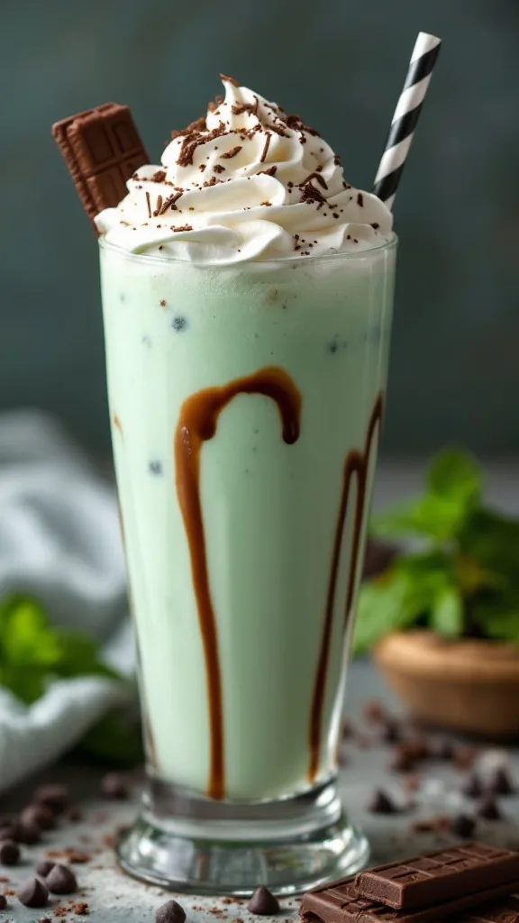 Mint Chocolate Chip Milkshake Cocktail topped with whipped cream and chocolate drizzles