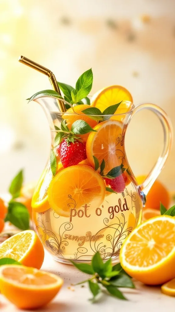 A pitcher of Pot O' Gold Sangria with orange slices and strawberries, surrounded by fresh oranges.
