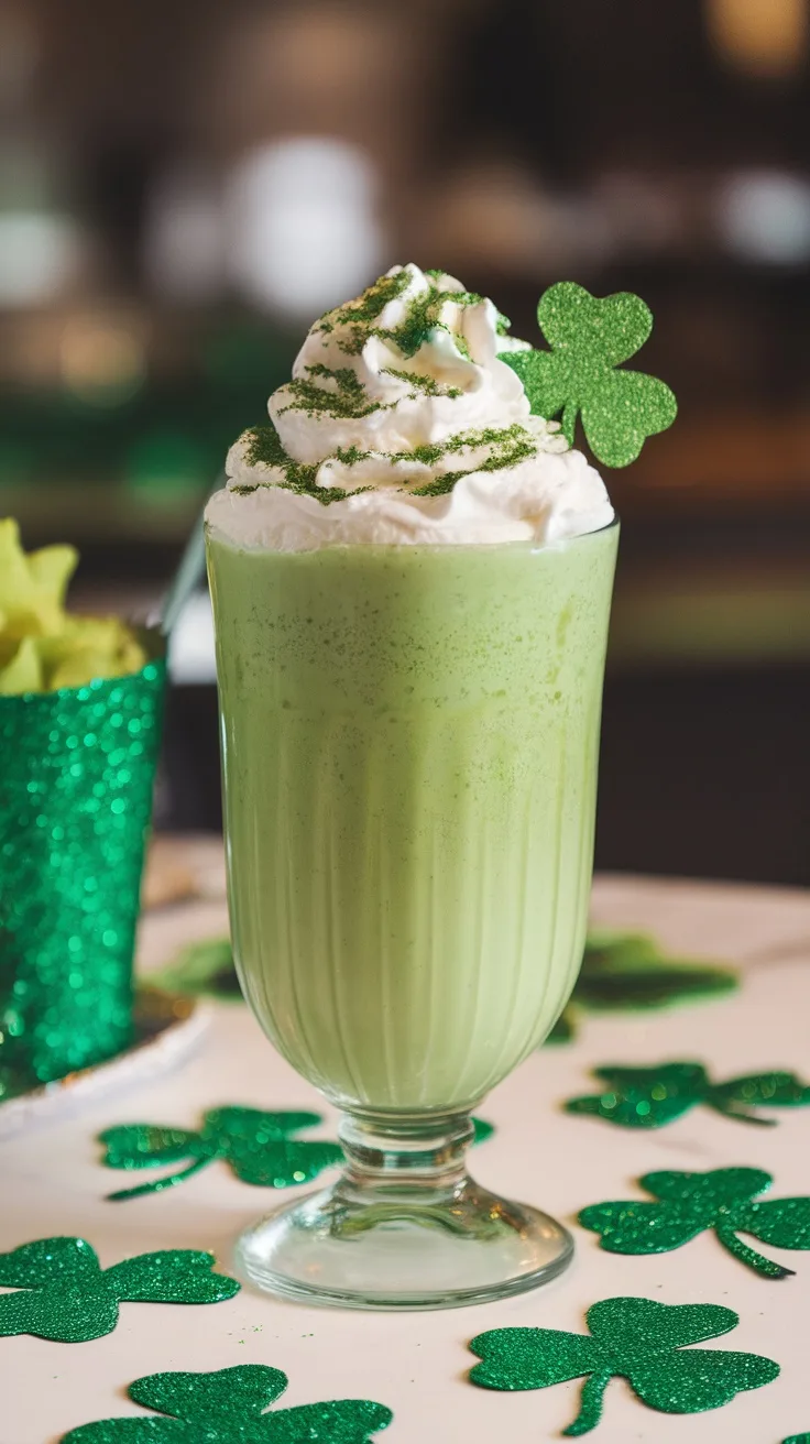 A decorative shamrock shake topped with mint whipped cream